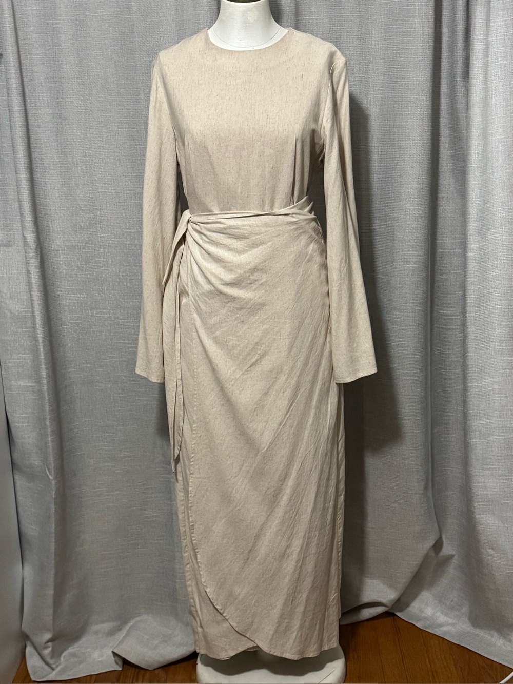 NWOT Veiled Sz M Dress-Rayon Blend-Oatmeal-Maxi-Faux Wrap-Wide Drape Sleeves